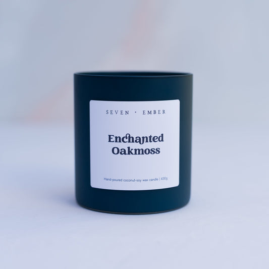 Enchanted Oakmoss candle in Navy coloured frosted glass jar