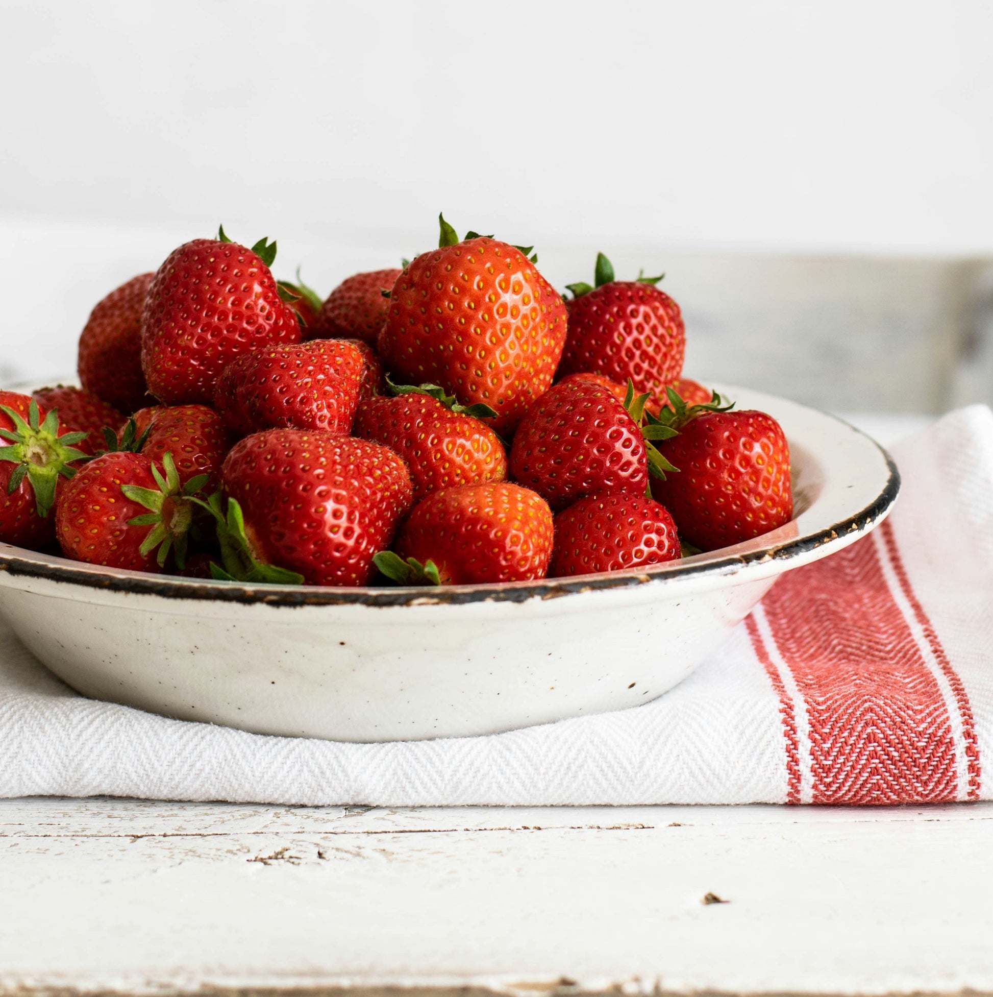 Enamel bowl full of ripe red strawberries sittong atop a white red bordered tea towel