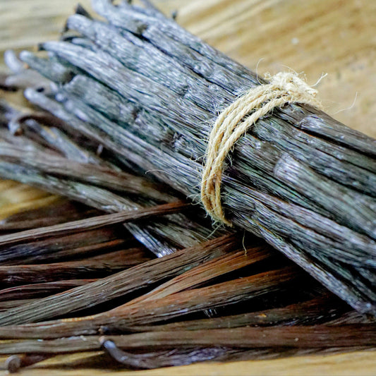 A bunch of vanilla bean pods wrapped in string