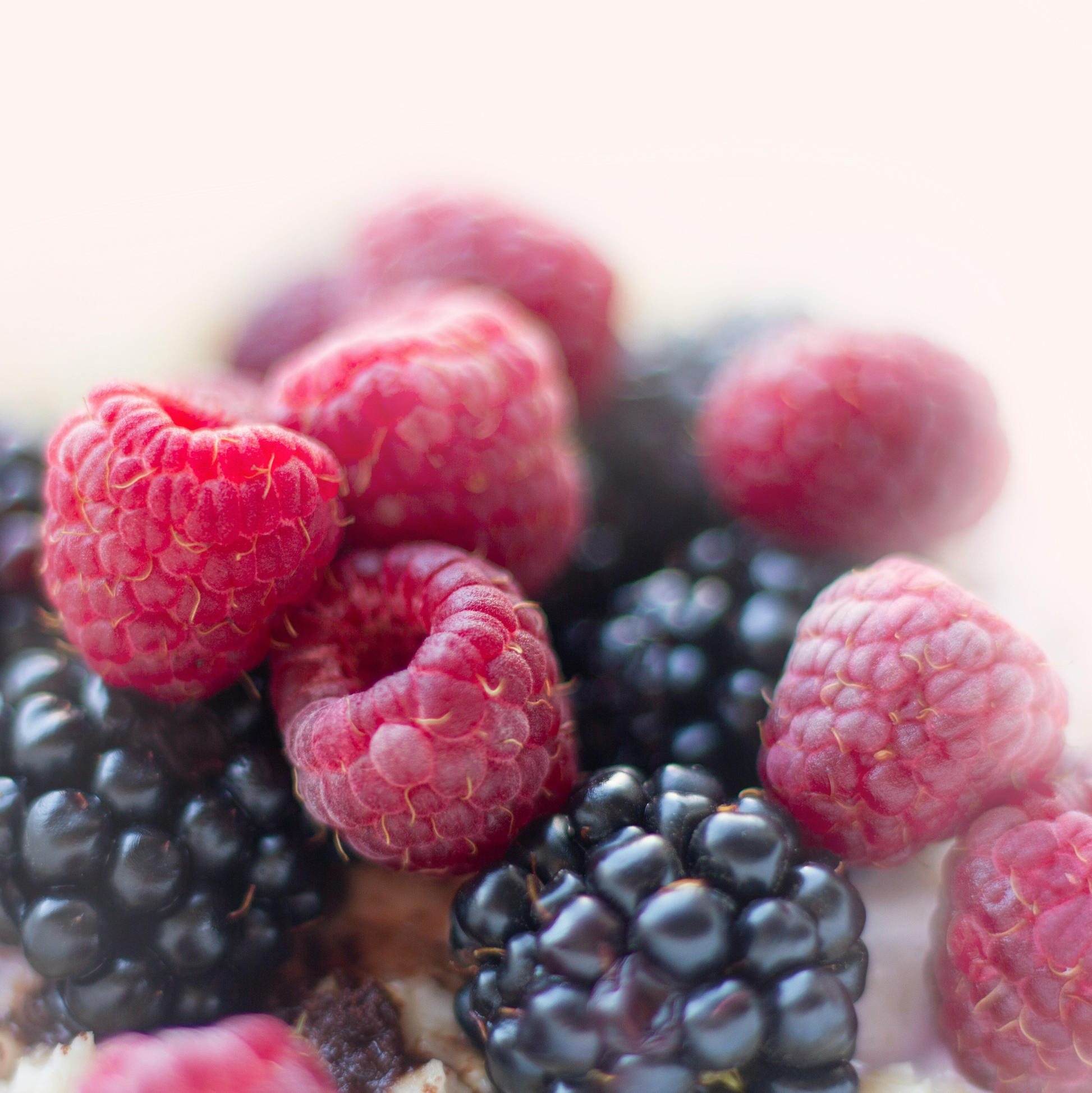 A pile of berries, raspberries and blackberries on some whipped cream