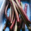 Bunch of red and green rhubarb in a baking dish